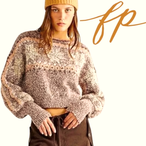 Free People Sweaters - Free People Snowflake Cropped Sweater Gingerbread Boucle Knit Slouchy Boho Sz XS
